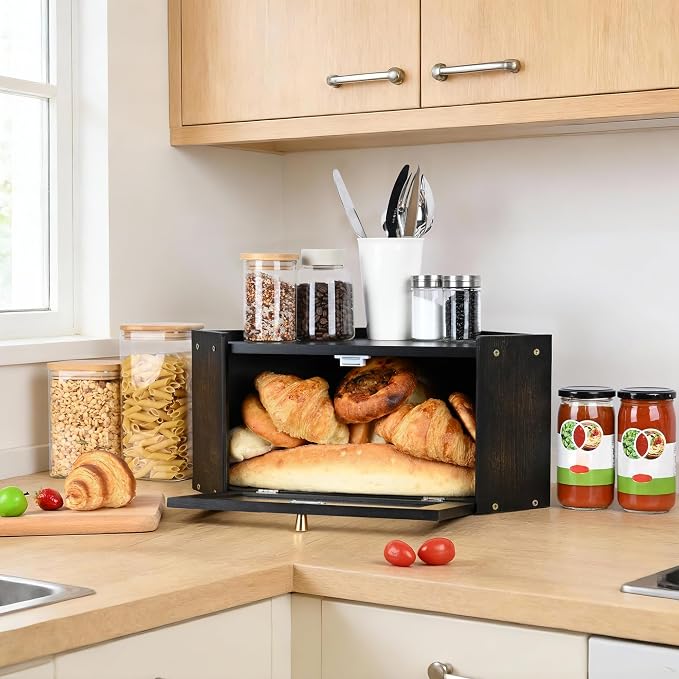 Bread Box for Kitchen Countertop with Acrylic Window Black | Farmhouse Bread Storage Container, Large Pantry Organizers for Homemade Snacks, Loaves, Breathable Keeps Bread Fresh