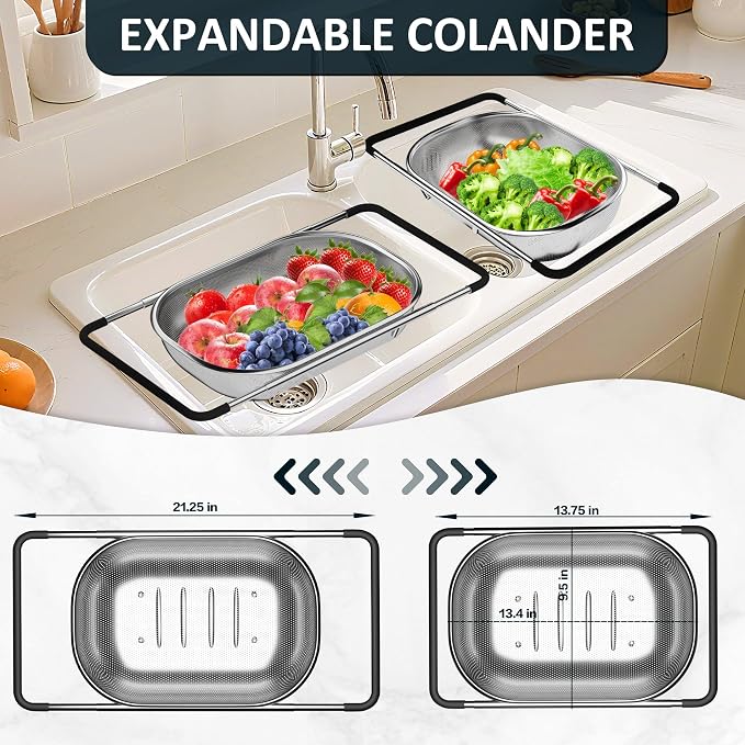 Over the Sink Colander - Strainers and Colanders - Sink Strainer Basket - Expandable Fine Mesh Strainer with Rubber Grip for Veggie, Fruits, Pasta, Home Kitchen Essentials (9.5W x 13.4-21.3L x 3.3H)