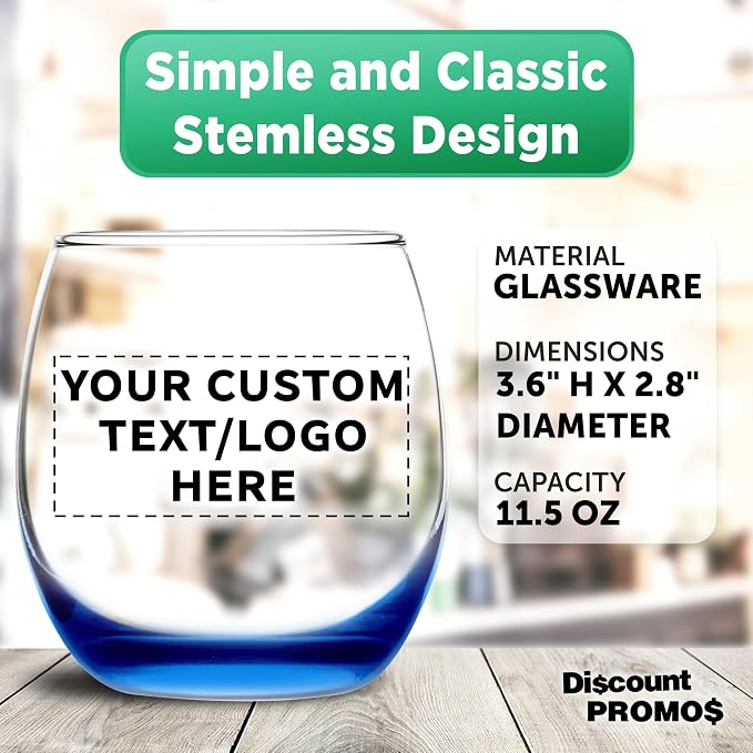 Custom Mikonos Stemless Wine Glasses 11.5 oz. Set of 10/50/100, Personalized Bulk Pack - Restaurant Glassware, Perfect for Red Wine, White Wine, Cocktails - Blue
