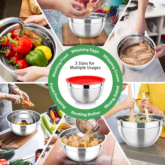 P&P CHEF Stainless Steel Mixing Bowls with Lids, Set of 3, Multicolor | Nesting Salad Bowl, Sturdy& Rust Proof, Airtight & Stackable, Suit for Mixing, Storing, Prepping, 3 Size - 4.6/3 /1.5 QT