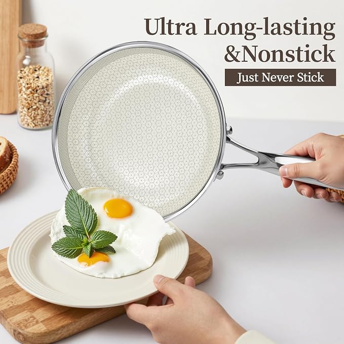 8 Inch Non Stick Frying Pan with Lid, Hybrid Stainless Steel Skillet | Ceramic Hybrid Tri-Ply Stainless Steel Nonstick Skillet, Metal Utensil Safe, Induction & Oven Safe, PFAS/PFOA/PTFE Free