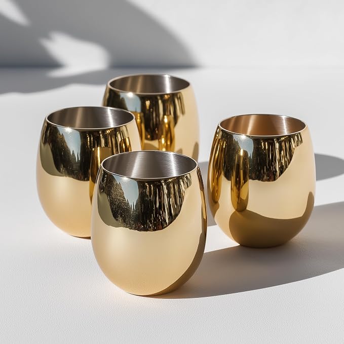 K&K Home Gold Stainless Steel Unbreakable Gold Stemless Wine Glasses - 15 oz - Set of 4 Colored, Stemless Metal Wine Glasses Perfect for Outdoors, Weddings, and Parties