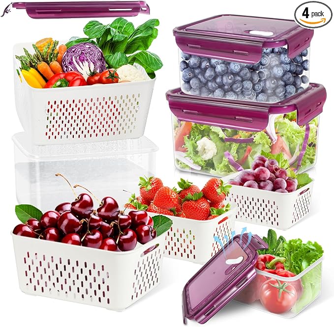 TBMax 8 Pieces Airtight Fruit Storage Containers for Fridge with Air Circulation Vent, 4 Pack Produce Saver with Colander for Berry Lettuce Salad Vegetable Storage, Refrigerator Organizers -Purple