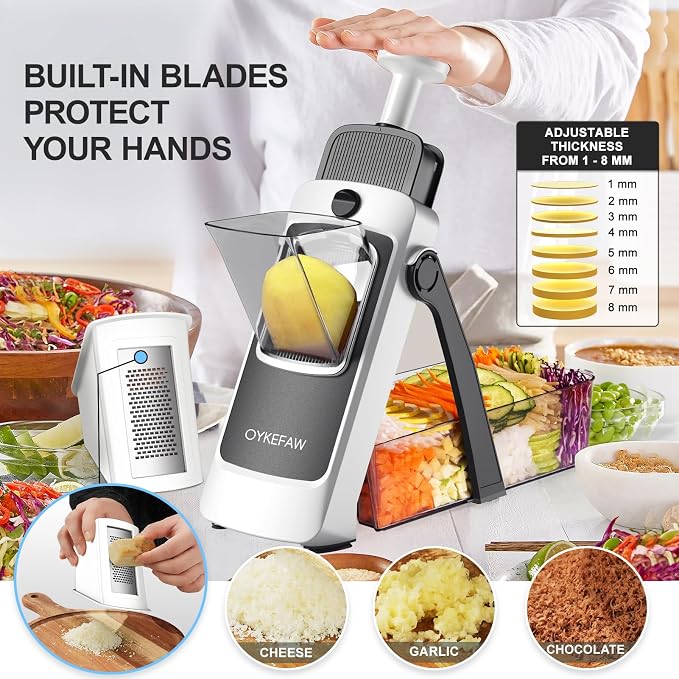 Safe Mandoline Potato Slicer Pro, Gen 4th with Container/Lid/Drain Basket | Safe Mandoline Slicer, Adjustable Thickness, food Slicer for Kitchen, Vegetable Veggie Chopper Cutter For Potato Onion Fruit