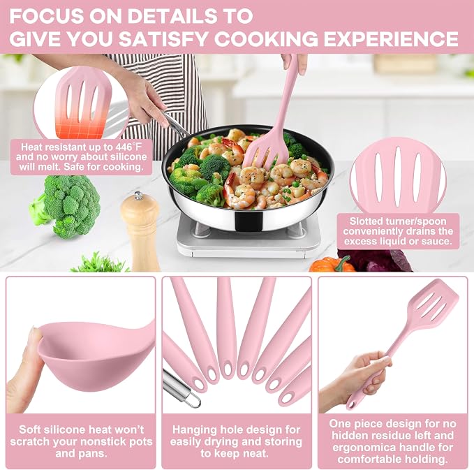TeamFar Silicone Cooking Utensils Set, 8 PCS Kitchen Utensils Set, Pink | 446°F Heat Resistant Turner, Spatula, Spoon, Whisk, Kitchen Cooking Gadgets Tools, for Nonstick Cookware, Dishwasher Safe