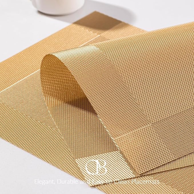 Placemats Set of 8 - Easy Clean Woven Vinyl Placemats for Dining Table, Indoor/Outdoor Place Mats, Washable PVC Table Mats（Gold Cube）