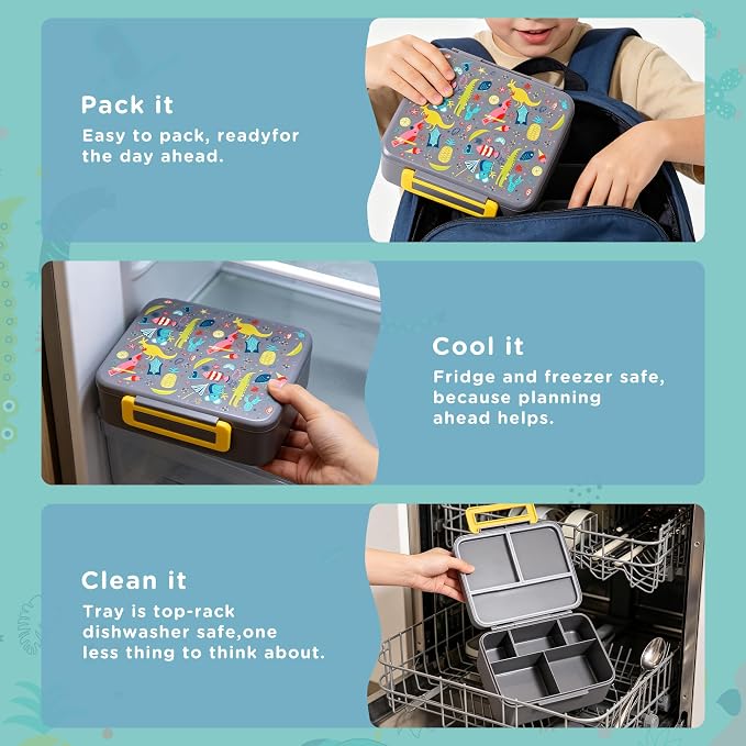 Kids Lunch Bento Box with 8oz Thermo/Ice Pack, BPA-Free, for School | Leak-proof Food Containers with 5 Compartment, Insulated Food Jar, Dishwasher Safe, Easy to Clean, Lunch Box for Girls Boys