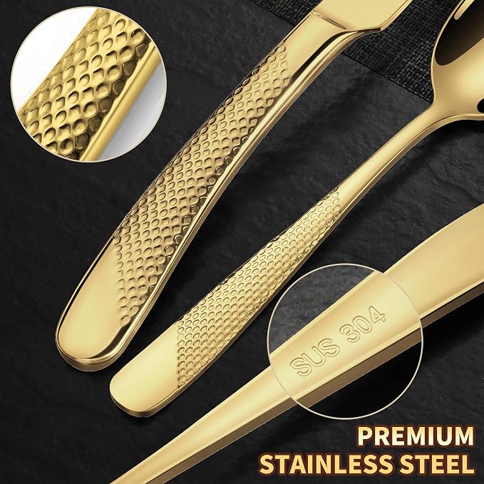30-Piece Hammered Gold Silverware Set for 6 with Serrated Forging Knives,18/10 Stainless Steel Modern Flatware Set,Unique Cutlery Set,Mirror Polished,Dishwasher Safe