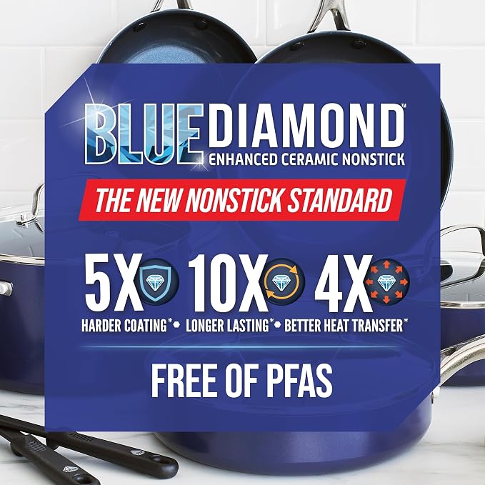 Blue Diamond 11" Diamond Infused Ceramic Nonstick Square Griddle Pan, Blue | PFAS-Free Ceramic Nonstick, Dishwasher & Oven Safe, Stay Cool Handle, Durable Metal Utensil Safe, Pancake Pan