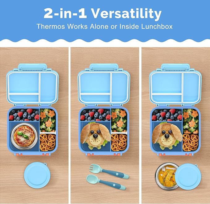 Kids Bento Lunch Box with Soup Thermo (9oz)– Hot & Cold Lunch Container with Leak Proof Insulated Food Jar for School Girls Boys, Ideal Size for Ages 3 to 7, Sky Blue & Coral