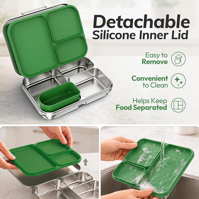 Stainless Steel Bento Lunch Box for Kids and Adults,3 Compartment Meal Lunch Box with Detachable Silicone Lid,Leak-Resistant Food Container with Snack Cup for School,BPA-Free(Green)