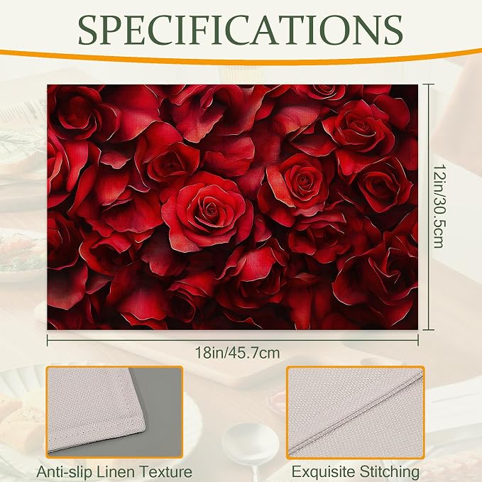 Red Rose Flower Fabric Placemats,Vintage Floral Table Placemats Set of 6 Cloth Place Mats, Washable Heat-Resistant Table Mats for Home Kitchen Dining Room Decoration 11.8x17.7 Inch