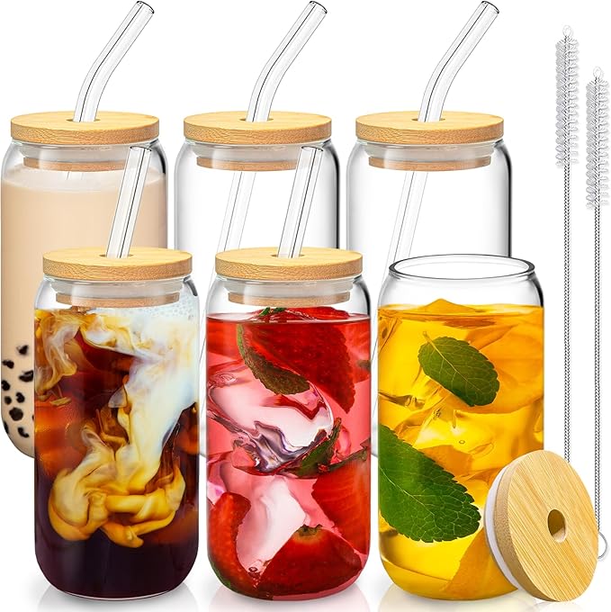 16 Oz Drinking Glasses - 6 Pcs Glass Cups with Bamboo Lids and Straws | Food-grade durable clear tumbler, Coffee bar accessories, Aesthetic gift, For beer, Iced tea, Include 2 cleaning brushes