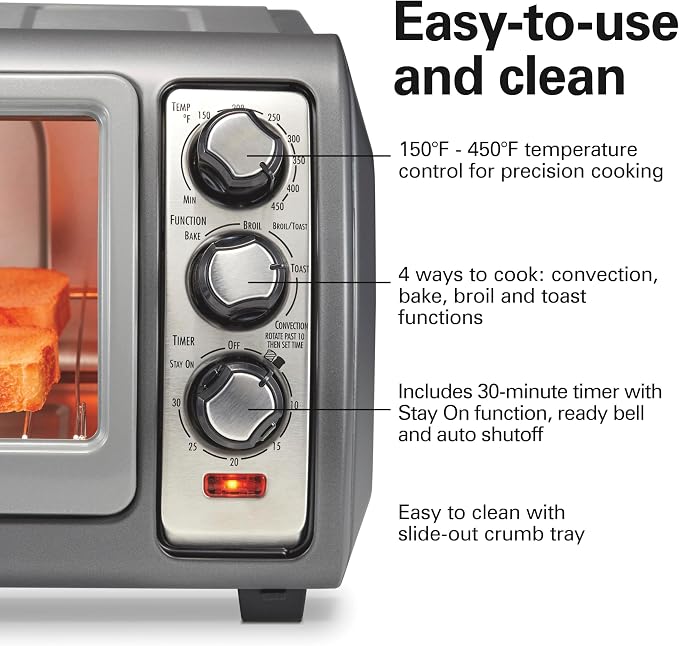 Hamilton Beach Easy Reach 6 Slice Countertop Convection Toaster Oven | Roll-Top Door For Easy Access | Bake, Broil & Toast Functions | 150 to 450ºF Adjustable Temp | Auto Shutoff | Silver