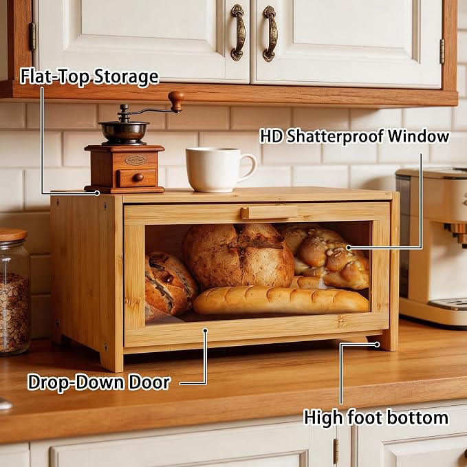 Bamboo Bread Box for Kitchen Countertop,Large Bread Storage Container with window,Modern Bread Storage Bin for Homemade Bread Organizer (Single Layer)