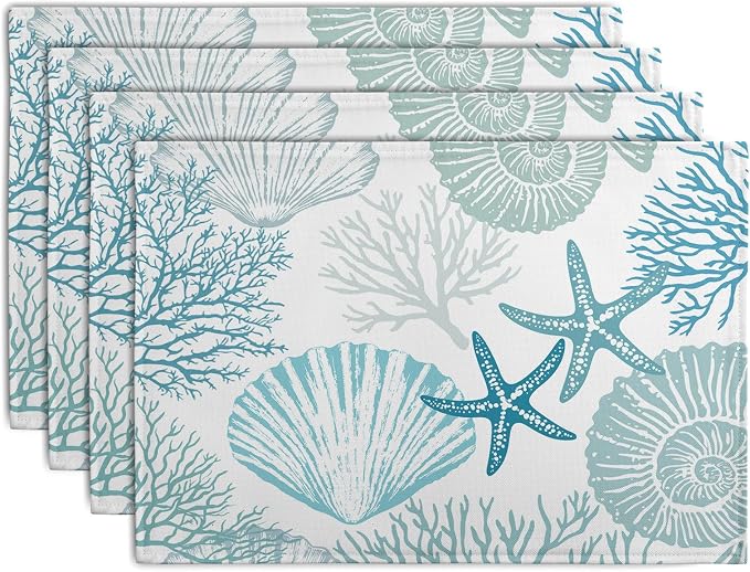 Nautical Coastal Blue Placemats Set of 4 Summer Teal Turquoise Beach Theme Linen Table Mats Ocean Coral Seashell Starfish Decorative Place Mats for Party Kitchen Dining Outdoor Indoor Decor