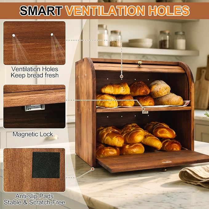 Alpeir Roll Top Bread Box with Cutting Board for Kitchen Countertop, Brown | Large Breadbox with Ventilation Holes, Double Layer Pantry Shelf, Wooden Homemade Bread Storage Container, Vintage Farmhouse