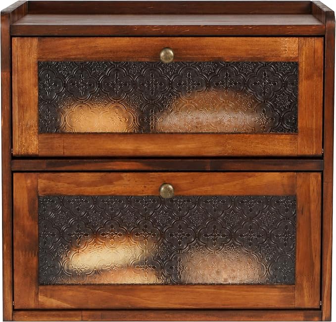 Sunhoo Bread Box for Kitchen Countertop, Large Pine Wood Breadbox, Brown | Farmhouse Pantry Container, Double Layer Storage, Fresh Homemade Sourdough Bin, Vintage Textured Acrylic Door, Easy Assembly