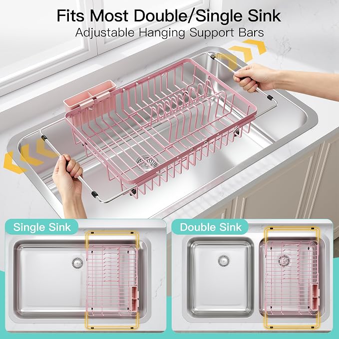 JASIWAY Pink Dish Drying Rack Over the Sink with Utensil Holder | Expandable Stainless Steel Dish Driainers for Small Kitchen, Counter Space Saving, Fast Drain, Rust Resistant, For Apartment
