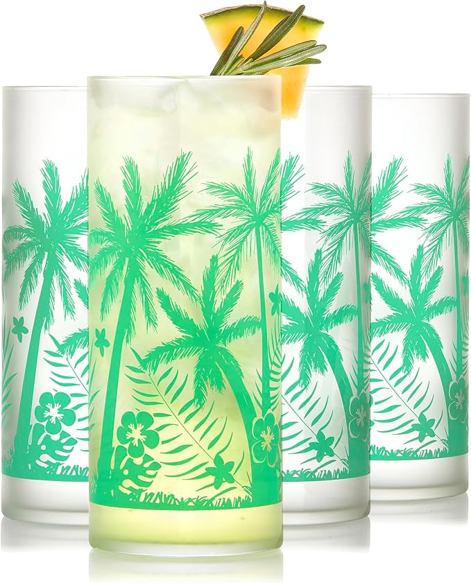 Libbey Vintage Palms Drinking Glasses Set of 4, Colorful, Retro Palm Tree Design Glass Cups Set, Dishwasher Safe Water Glasses Set for Cocktails