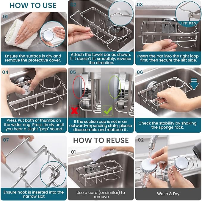 TAILI 4-in-1 Sponge Holder for Kitchen Sink with Strong Suction Cup-Silver | Removable Rustproof 304 Stainless Steel Multi-compartment Sponge Holder with Suction Cup, Keeps Brushes & Scrubbers Tidy