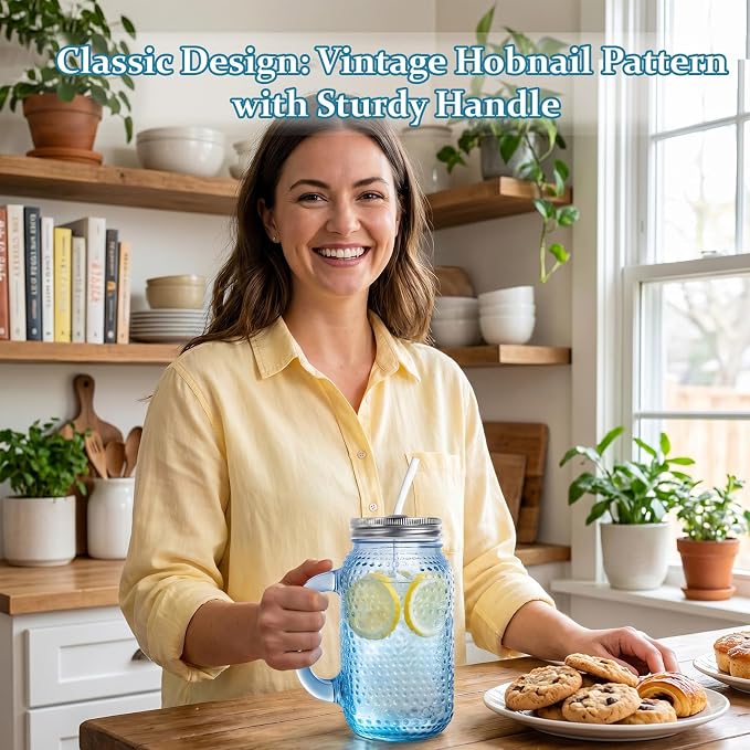 DaYammi 6 Pack 24oz Hobnail Mason Jars Cups Drinking Glass Cups with Lids & Straws, Blue Wide Mouth Mason Jars Cups with Handle, Tumblers for Coffee Smoothies, Iced Tea, Juice, Beer, Cocktail, Whiskey