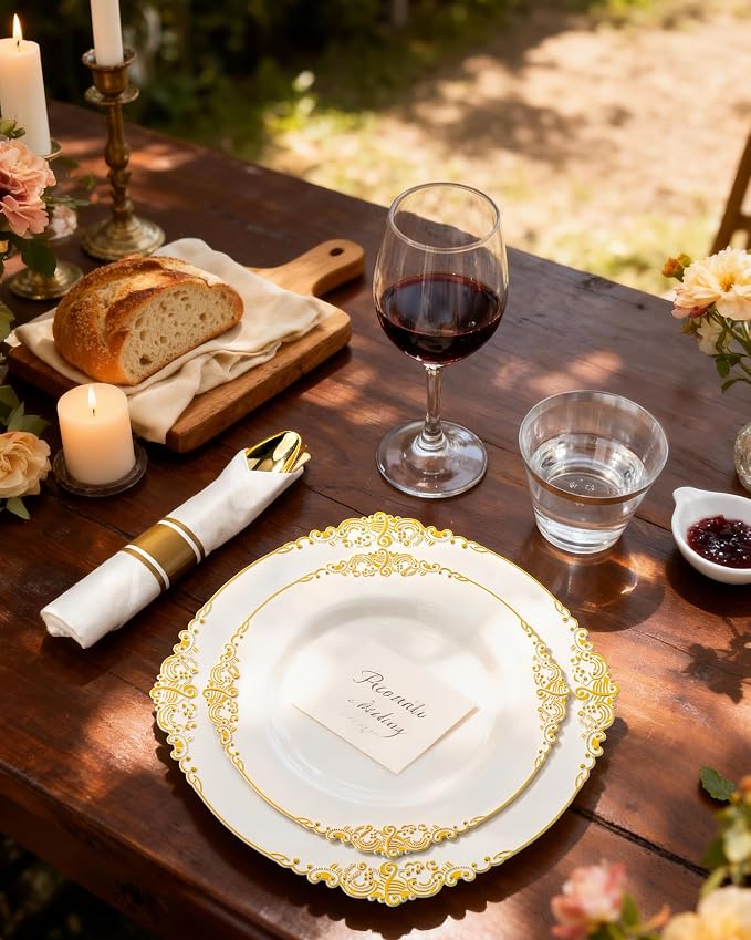 Nervure 175Pcs Ivory Plastic Plates, Disposable Party Plates for 25 Guests | 25 7.5" Dessert & 25 10.25" Dinner Disposable Plates, 75 Gold Cutlery, 25 9oz Cups, 25 Napkin for Wedding & Party, Heavy-duty
