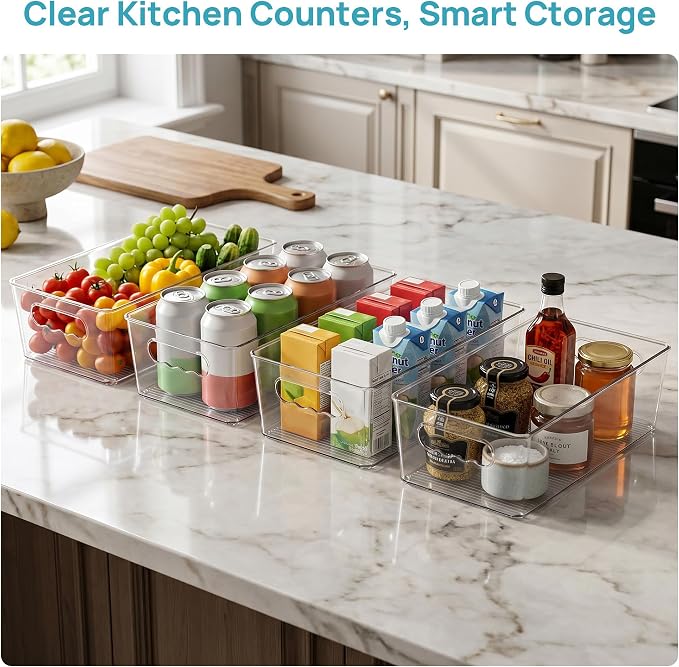 Vtopmart 8pcs Clear Storage Bins with Handles | BPA-free Plastic Storage Containers, Easy to Move, For Fridge Freezer, Pantry Cabinet Kitchen Organization, Built to Last