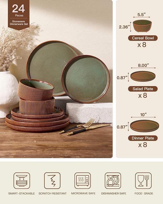Stoneware Dinnerware Sets, Reactive Glaze Dishes Set for 8 | 24-Piece Handmade Ceramic Plates and Bowls, Microwave & Dishwasher Safe, Chip & Scratch Resistant, Modern Rustic, Green Brown