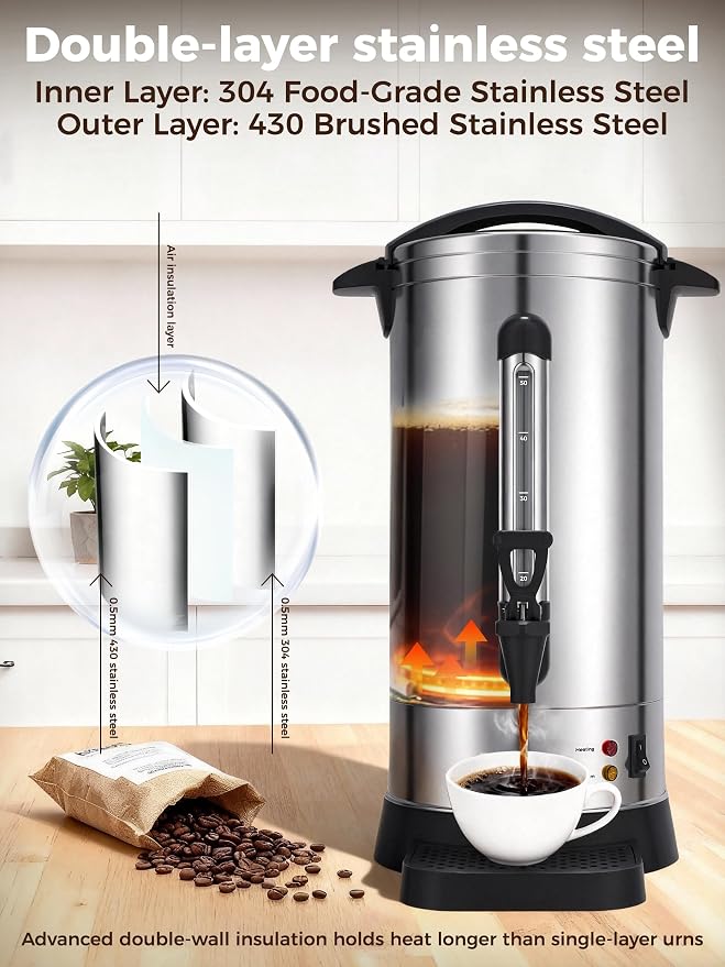 OSTBA 30-Cup Commercial Coffee Urn, 5.2L 304 Stainless Steel Percolator | 950W Fast-Brewing Coffee Maker and Hot Water Dispenser with Double-Wall Insulation for Home, Office, Catering and Events