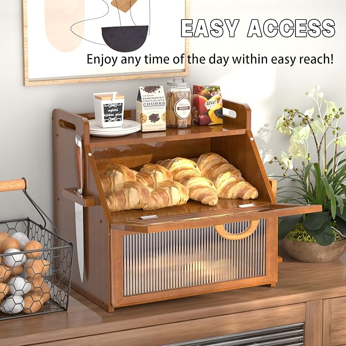 Bread Box for Kitchen Countertop, Large Bread Storage Container for Homemade Bread, Vintage Wooden Farmhouse Breadbox Organizers, Double Layer Bread Bin with Acrylic Window Bread Holder