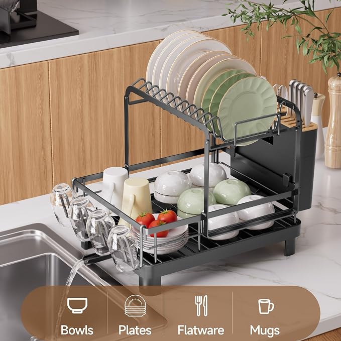 Runnatal 2-Tier Dish Drying Rack, Large Dish Drainers for Kitchen Counter | Anti-Rust Dish Rack with Drainboard, Utensil Holder, Extra Cup Holder, Black