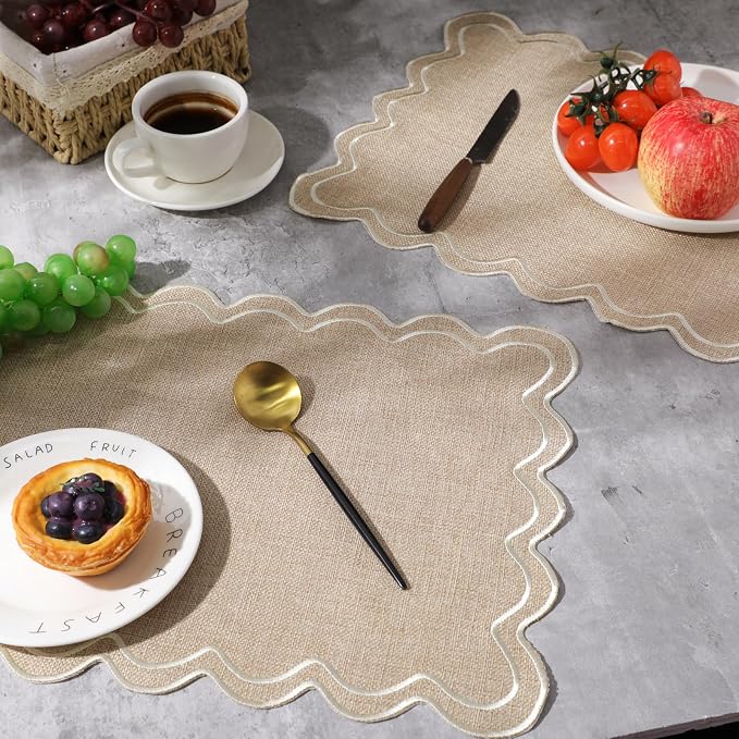 HunnmingRe Linen with Beige Set of 6 Cotton Linen Wedding Placemats, 13x19 Inch Scalloped Wavy Embroidery Placemat Double Layered Washable Rustic Rectangle Dinner Table Mat for Home Decor