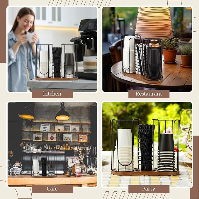 18oz Adjustable Coffee Cup Dispenser with Wooden Base, Cup and Lid Holder, Cups Holder Organizer for Coffee Pod Straw and Lid Storage(3-Compartment Single,Color 1)