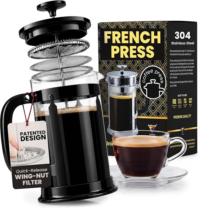 EzDtach French Press Coffee Maker 34oz Black – Borosilicate Glass Pot | 304 Grade Stainless Steel French Press, Double Filter and 2 Extra Screens for Rich, Full-Bodied Flavor at Home or Office