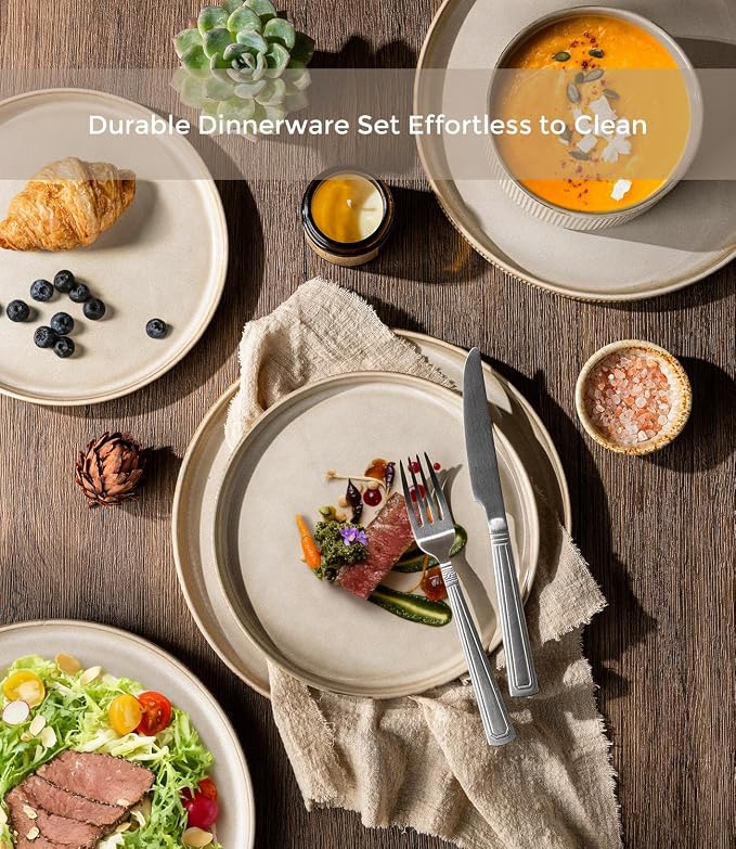 GBHOME Stoneware Dinnerware Sets for 4,16-Piece Plates and Bowls Set | Handmade Reactive Glaze Ceramic Dish Set, Scratch Resistant, Dishwasher&Microwave Safe,Cappuccino