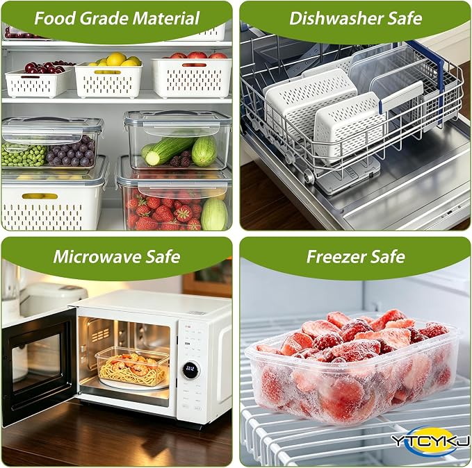 5-Pack Fruit Storage Containers for Fridge with Removable Colanders & Lids | Clear Plastic Produce Storage Containers for Fruits, Veggies, Salad, Berries | Leak-Proof, Microwave Safe