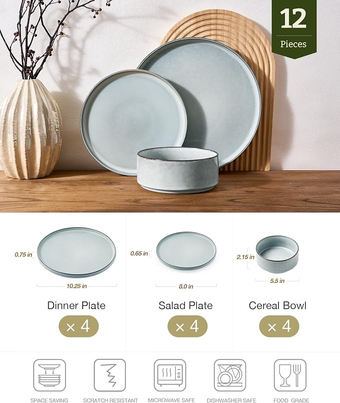 Famiware Annecy 12-Piece Stoneware Dinnerware Set, Grey Blue | Stoneware Plates and Bowls for 4, Handmade Reactive Glaze, Microwave & Dishwasher Safe, Chip & Scratch Resistant
