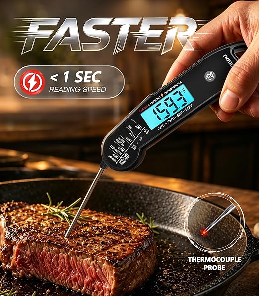 Atogou Professional Meat Thermometer Digital, <1 Sec Instant Read, Black | ±0.5℉Accuracy, IP67 Waterproof, Thermocouple Sensor Probe, with Hold, Magnetic Back, for Kithchen, BBQ, Grill for Men Him Dad