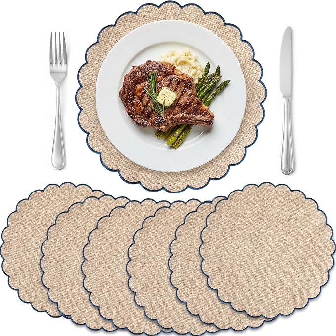 Set of 6 Linen Boho Cotton Placemats 15" Round Scalloped Blue | Double Layered Cotton Fabric, Washable Embroidery, Blue Edge Edge, Rustic Table Mats for Wedding Dining Table Decor