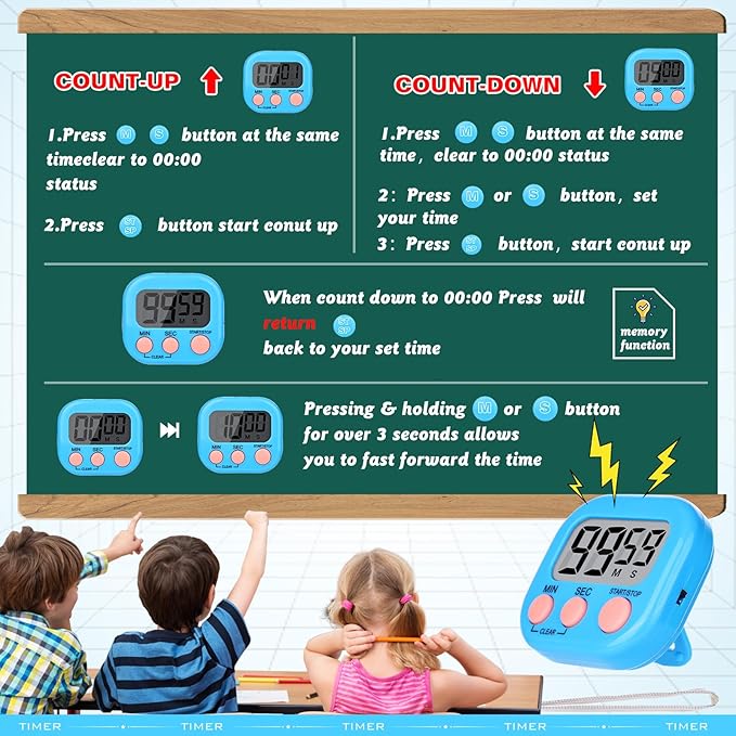 Mwellewm 6 Packs Digital Timers for Classroom Kitchen Timer Small Magnetic Countdown Stopwatch for Cooking Mini Loud Alarm Stop for Kitchen Study Work Baking Sports Games Office Timer Clock