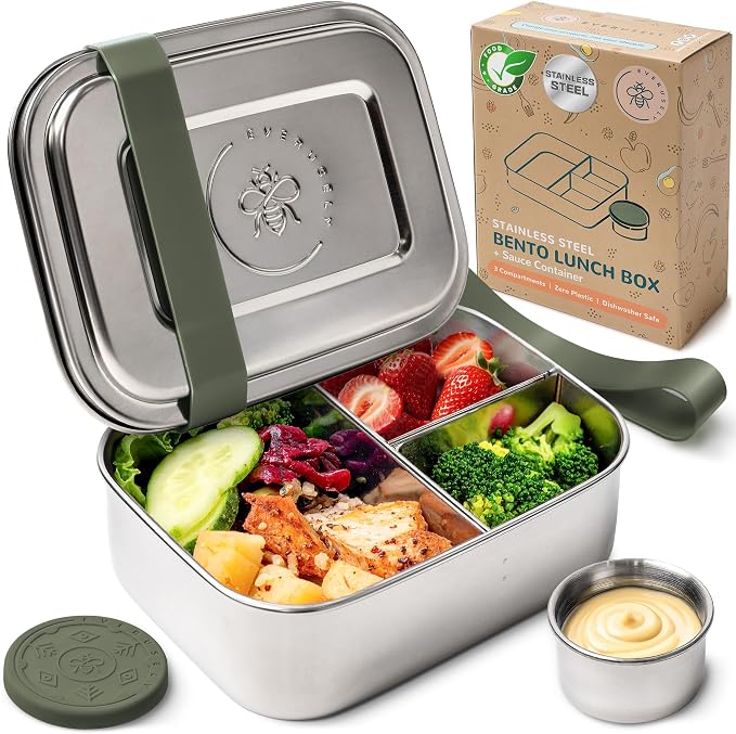 Stainless Steel Bento Box + Condiment Container - Sage, 27oz / 0.8 L | Everusely metal lunch box, leakproof sauce container, 3 compartment snack organizer for travel, freezer & dishwasher safe