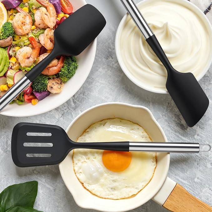12PCS Silicone Kitchen Utensil Set, Stainless Steel Handled Cooking Tools | Spatula Turner Spoon Ladle Set | BPA Free | Heat Resistant & Non-Scratch for Nonstick Cookware | Dishwasher Safe | Black
