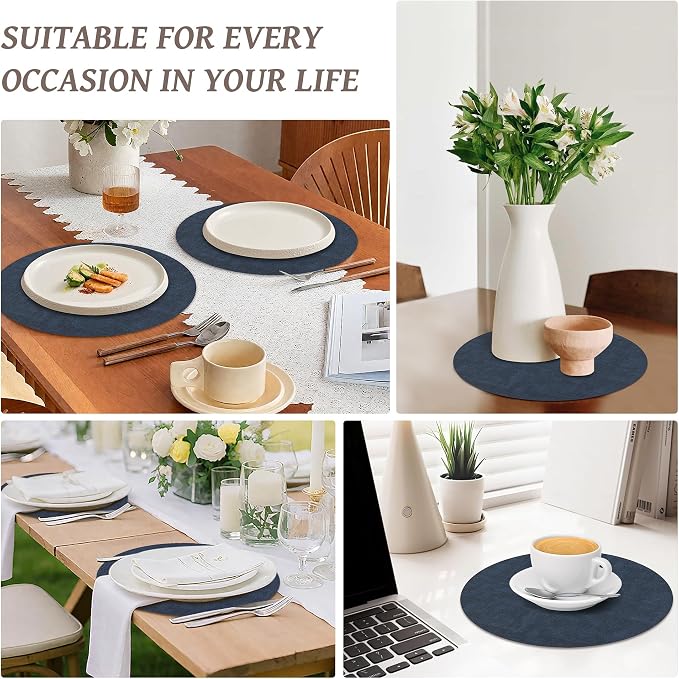13" Round Placemats Set of 8, Reversible Faux Leather Wipeable Table Mats | 2mm Vinyl Heat Resistant, Waterproof Oilproof Scratch Proof Non-Slip, Washable for Kitchen Dining Indoor Outdoor (Navy Blue)