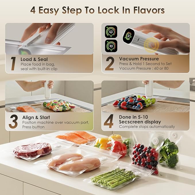 Compact Vacuum Sealer for Food (Vacuum Sealer Machine + 30 Reusable Vacuum Bags) Powerful Handheld Vacuum Sealer Machine, Featuring LED Pressure Display, Portable Food Sealer