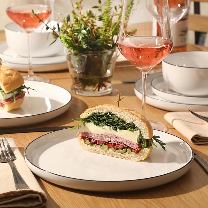 Gibson Home Oslo 12-Piece Porcelain Dinnerware Set – Dinner Plates, Salad Plates & Bowls, Classic White With Black Rim Everyday Dish Set for Home, Kitchen, Microwave & Dishwasher Safe
