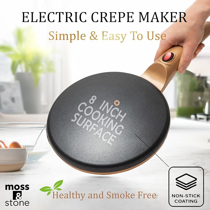 Moss & Stone Gold Electric Crepe Maker, 8" Portable Nonstick Crepe Pan | Nonstick dipping plate, auto shut-off, on/off switch, even heating, automatic temperature control, compact design