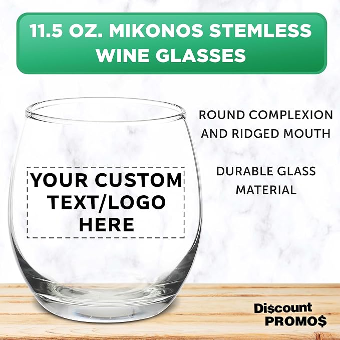 Custom Mikonos Stemless Wine Glasses 11.5 oz. Set of 10/50/100, Personalized Bulk Pack - Restaurant Glassware, Perfect for Red Wine, White Wine, Cocktails - Clear