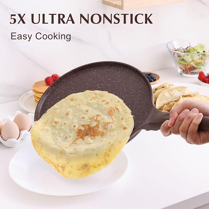 SENSARTE 12 Inch Nonstick Crepe Pan Granite Coating Pancake Pan Brown | Swiss Granite Coating Dosa Pan Pancake Flat Skillet Tawa Griddle with Stay-Cool Handle, Induction Compatible
