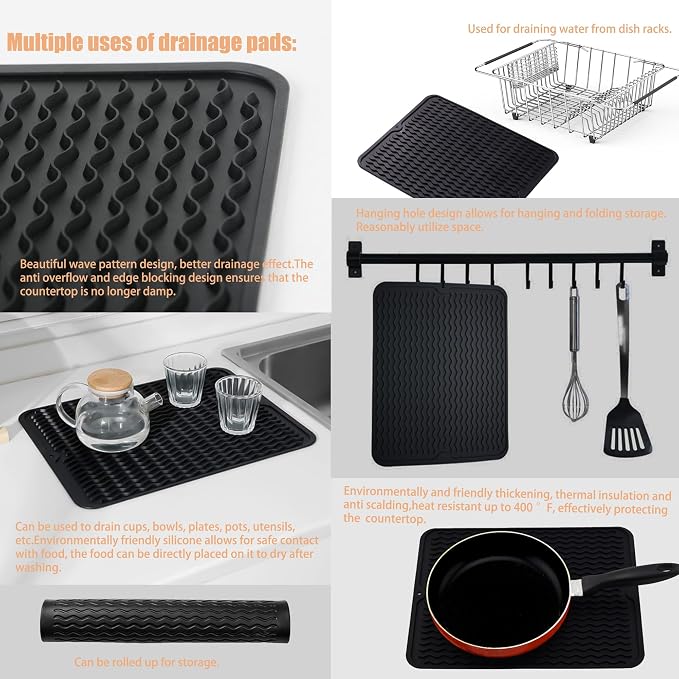 NiuYichee Stainless Steel Dish Drying Rack(14.2" L x 9.5" W x 4.1" H), Expandable Fruit & Vegetable Drain Rack Over Sink, Dish Drainer Rack in Sink, with Utensil Holder & 16" Silicone Mat